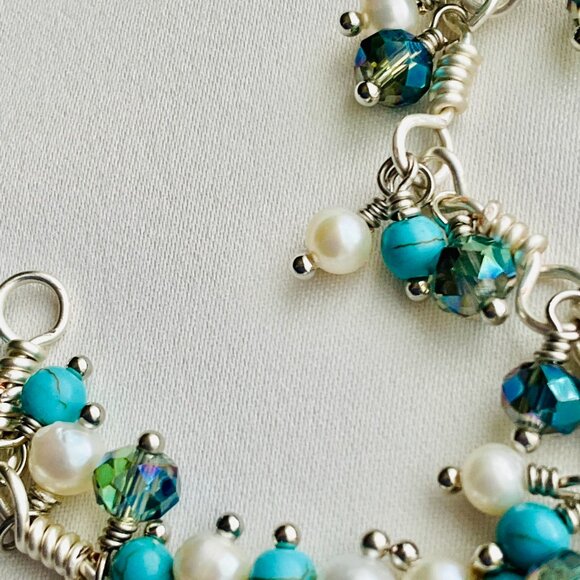 Cluster Bracelet with Turquoise, Pearls, and Crystals. Chain with Dangle Gem - Picture 15 of 16
